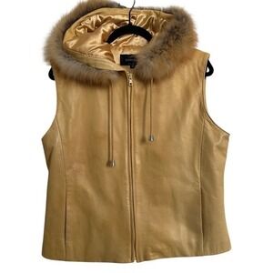 Damselle New‎ York Leather Hooded Vest with Real Fur Trim - Tan/Gold - Size M